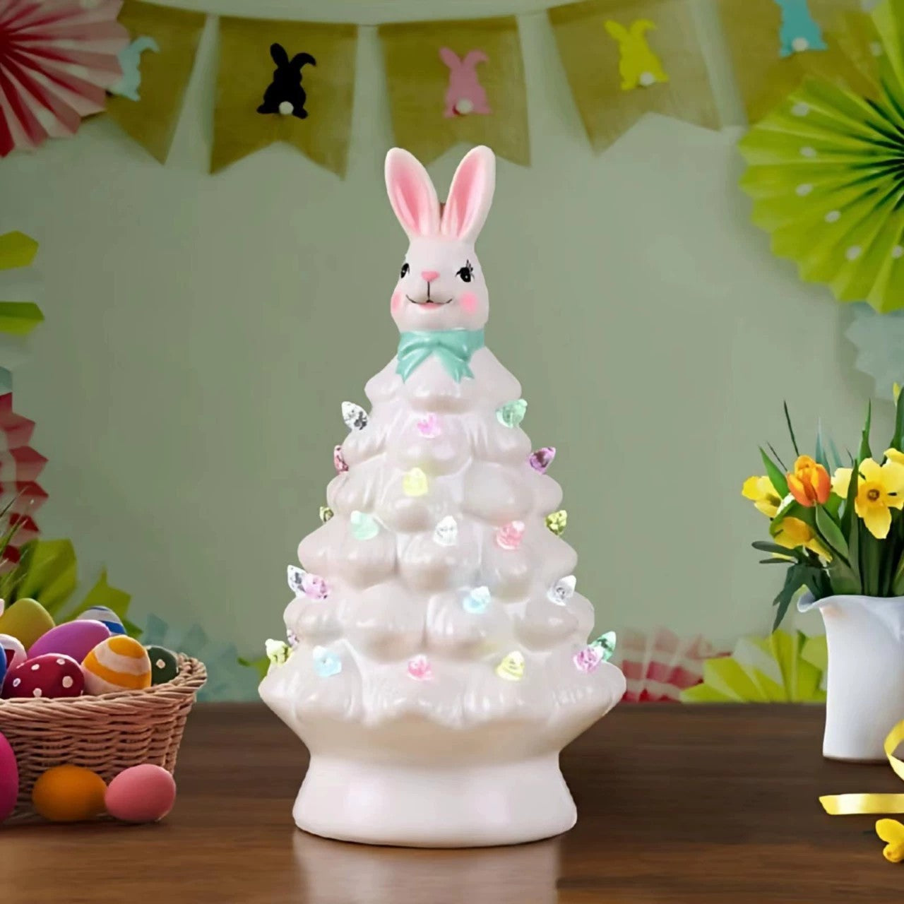 Easter decorated Christmas tree with a rabbit